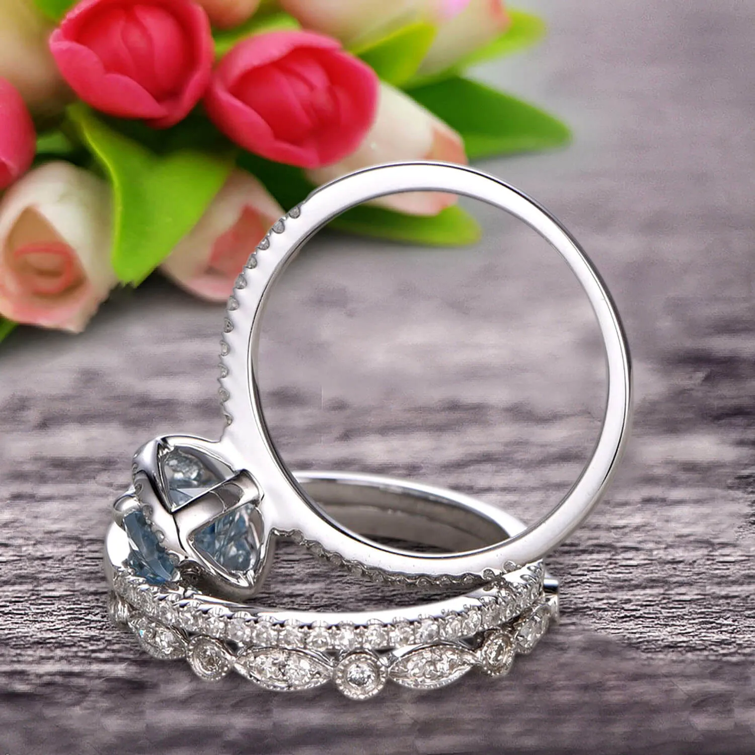 2 Carat Oval Cut Aquamarine Wedding Anniversary Gift Engagement Ring On 10k White Gold With Matching Band Art Deco Vintage Look
