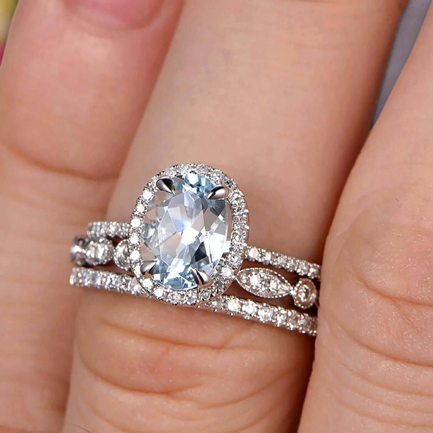 2 Carat Oval Cut Aquamarine Wedding Anniversary Gift Engagement Ring On 10k White Gold With Matching Band Art Deco Vintage Look