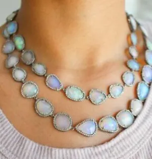 36" Long Necklace Natural Opal Pave Diamond 925 Solid Silver Gemstone Jewelry