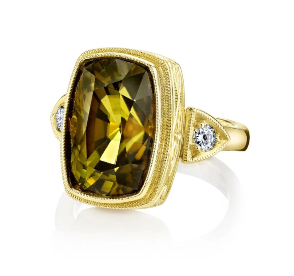 6.75 Carat Tourmaline Cushion & Diamond Handmade Yellow Gold Engraved Bezel Ring