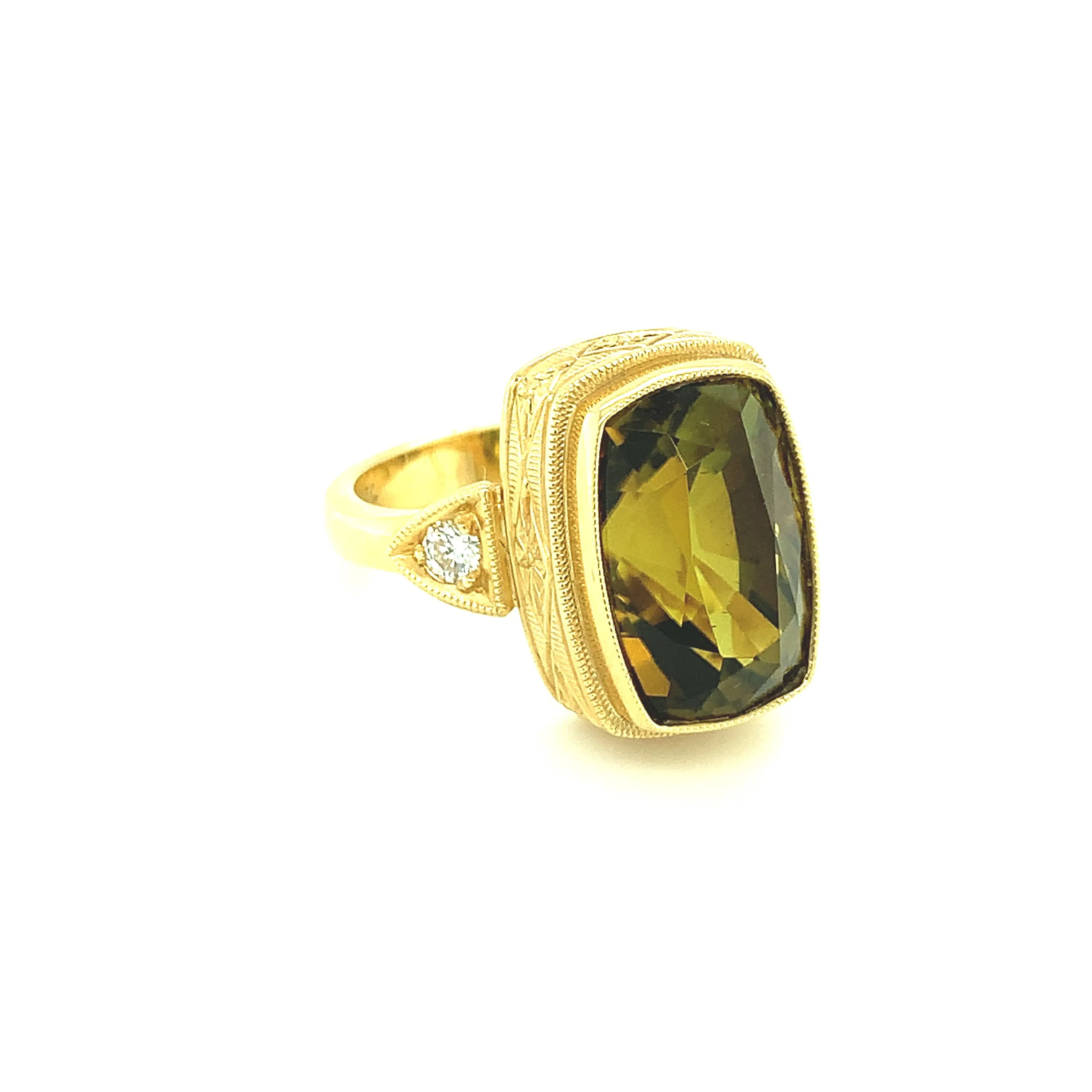 6.75 Carat Tourmaline Cushion & Diamond Handmade Yellow Gold Engraved Bezel Ring