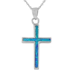 925 Sterling Silver Religious Cross Blue Turquoise-Tone Simulated Simulated Opal Pendant Necklace