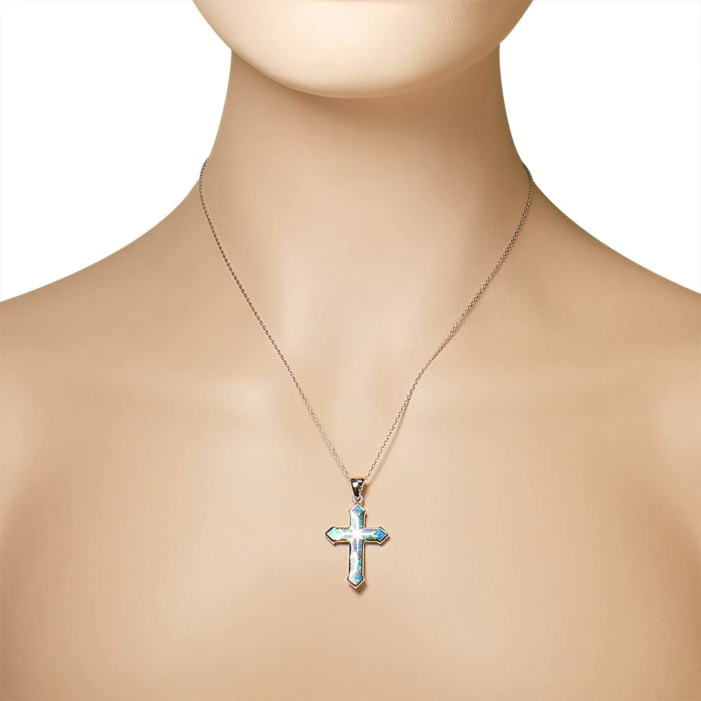 925 Sterling Silver Religious Cross Simulated Opal Pendant Necklace