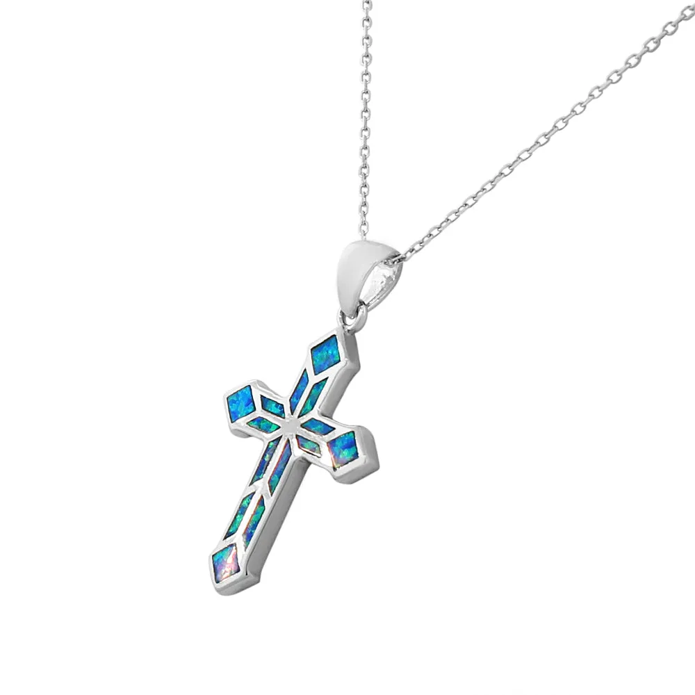 925 Sterling Silver Religious Cross Simulated Opal Pendant Necklace