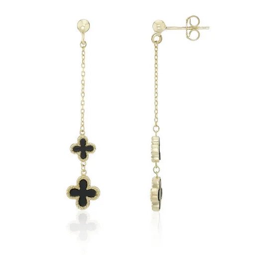 9ct Yellow Gold Onyx Clover Drop Earrings