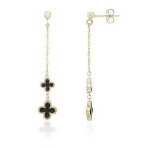 9ct Yellow Gold Onyx Clover Drop Earrings