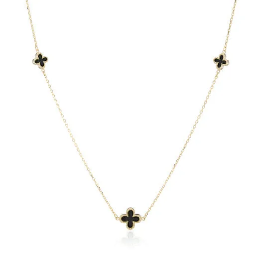 9ct Yellow Gold Onyx Clover Necklace