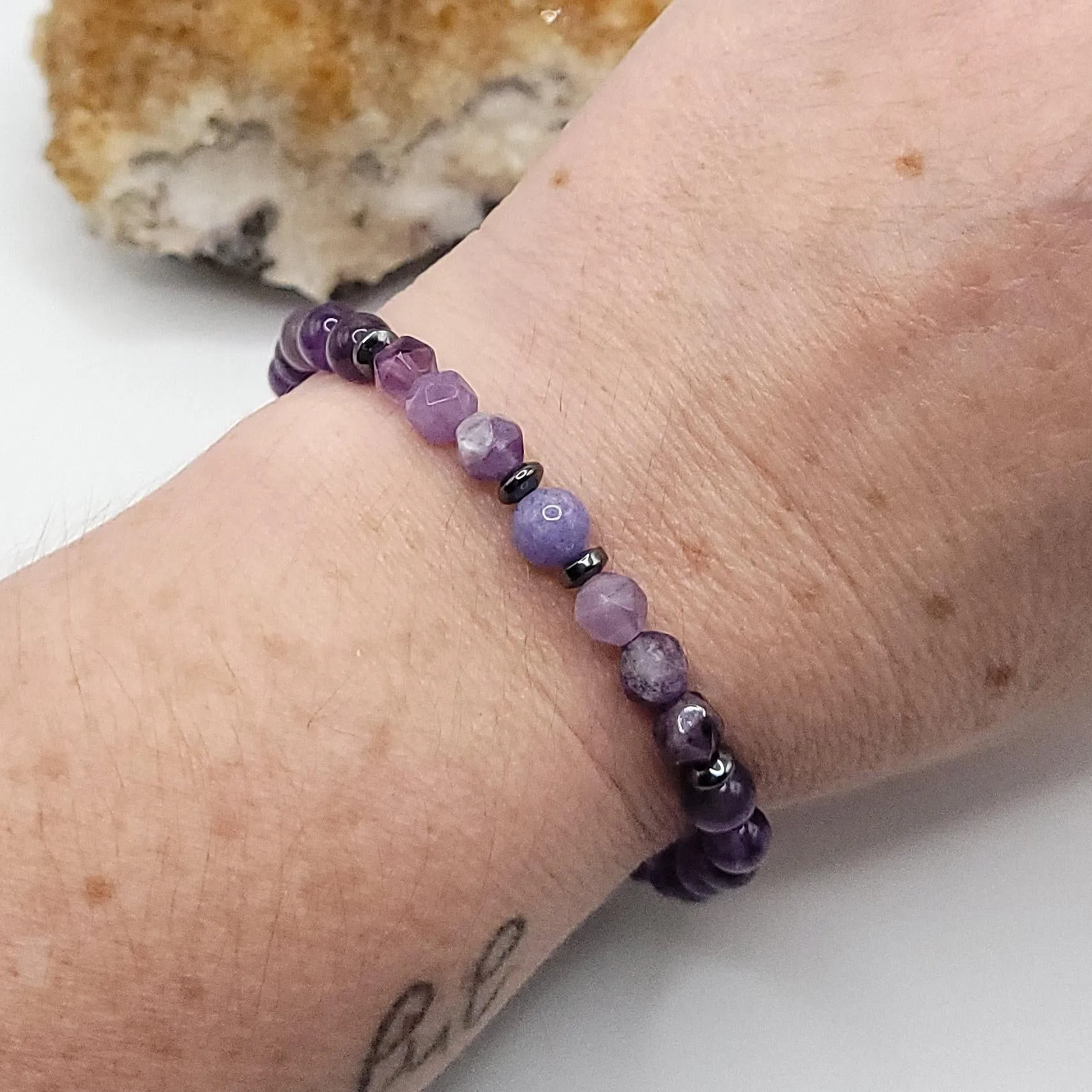 Amethyst, Lapis Lazuli, Hematite and Tanzanite Crystal Stretch Bracelet