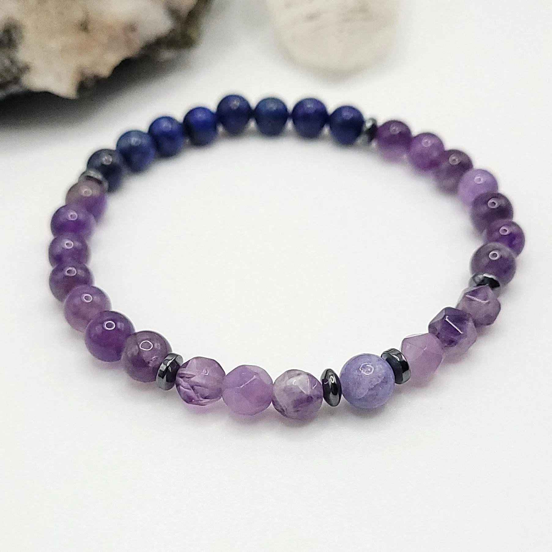 Amethyst, Lapis Lazuli, Hematite and Tanzanite Crystal Stretch Bracelet