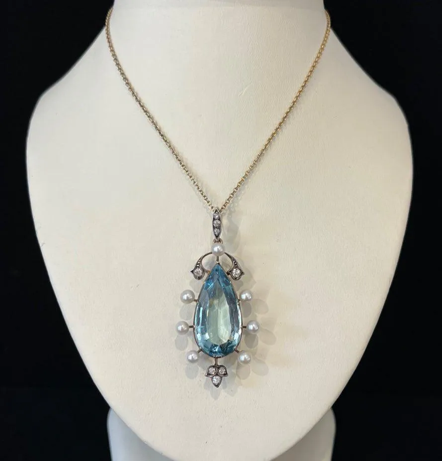 Art Nouveau Pear Shape 9.50ct Aquamarine Diamond Pendant