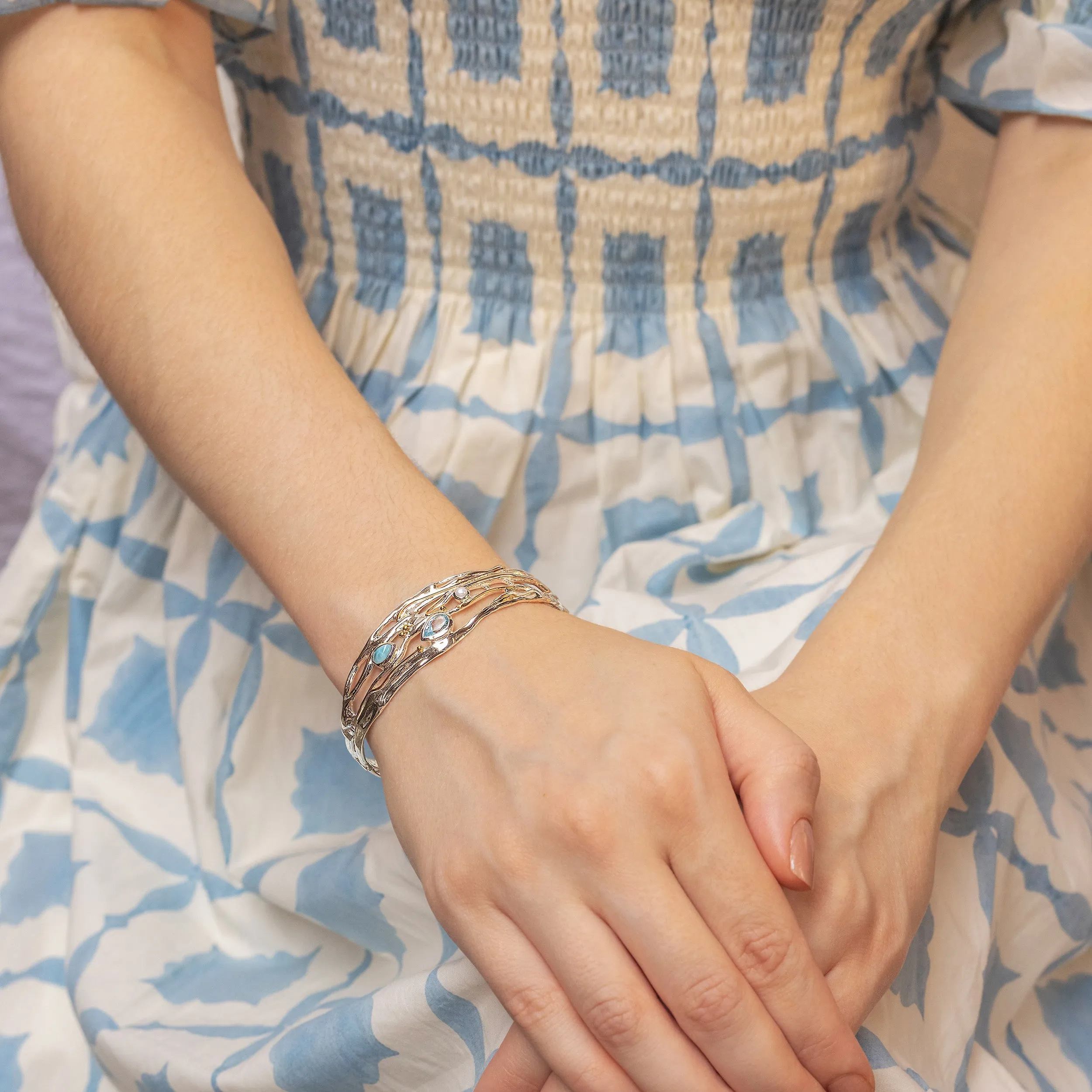 Banyan Larimar, Blue Topaz and Freshwater Pearl Statement Bracelet