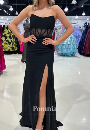 Black Sheath Strapless Sleeveless Prom Dress with Slit Corset Evening Party Dress