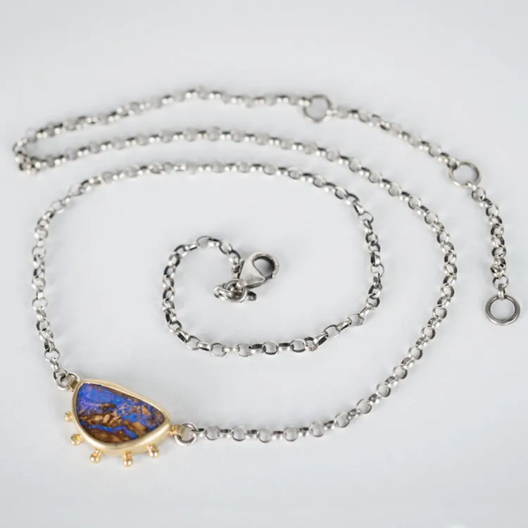 Ceres Purple Boulder Opal Necklace in 18k Gold with Granule Halo