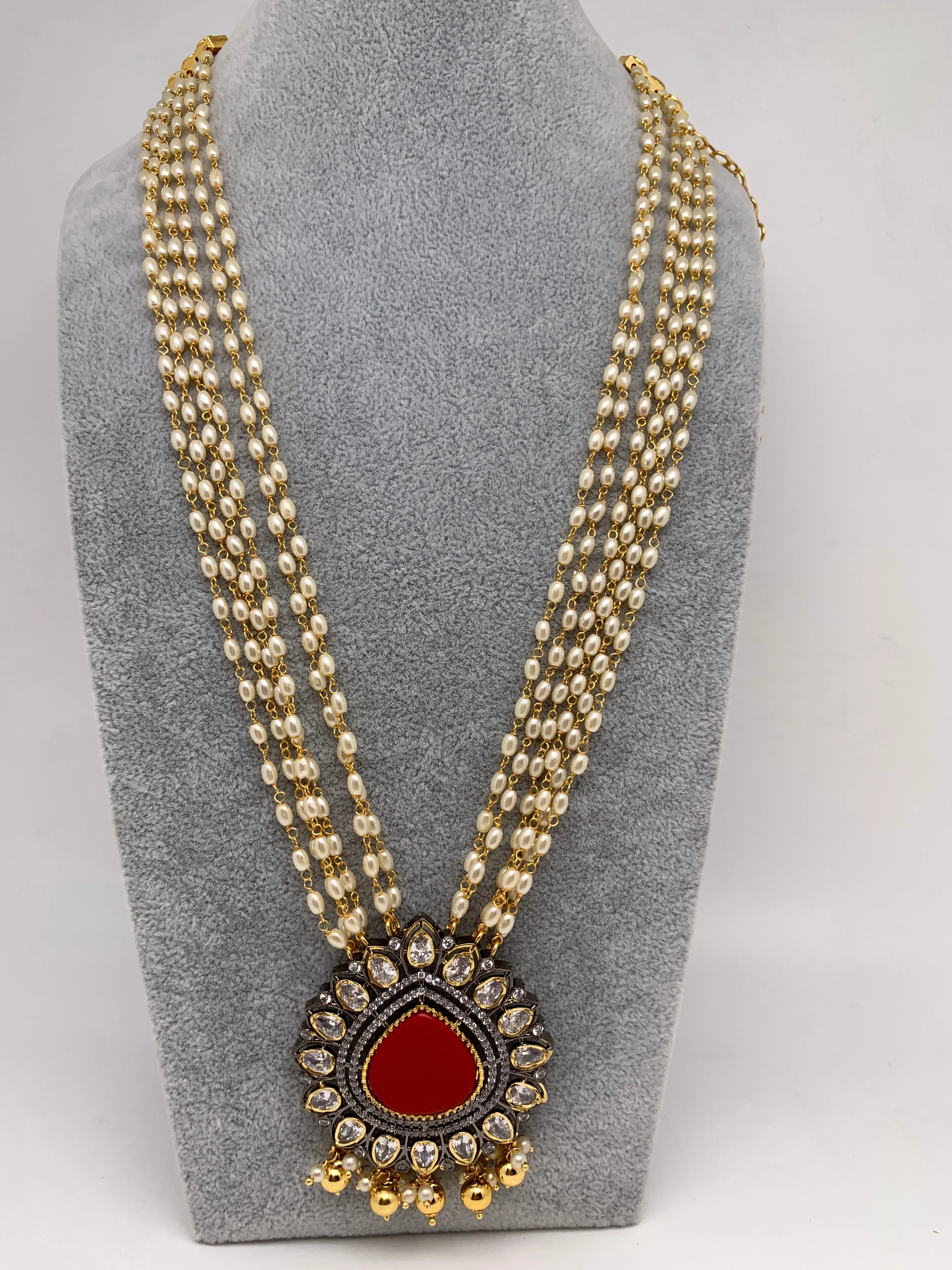 Coral Stone Victorian Finish Pendent Rice Pearls Rani Haar