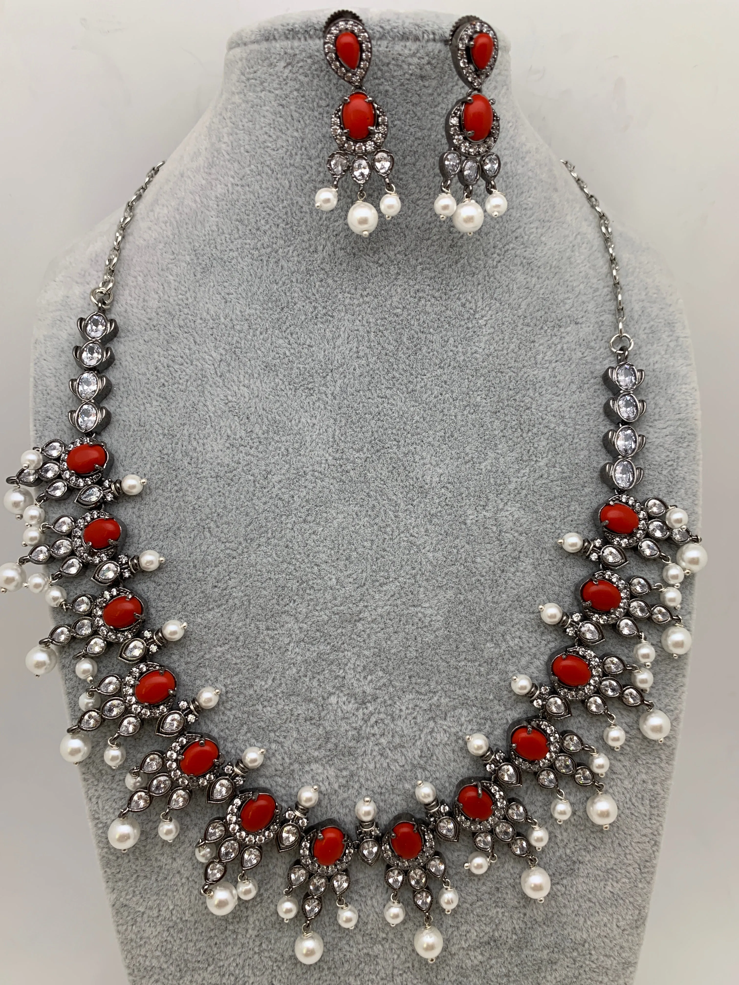 CZ Coral Pearls Victorian Finish Short Neckalce