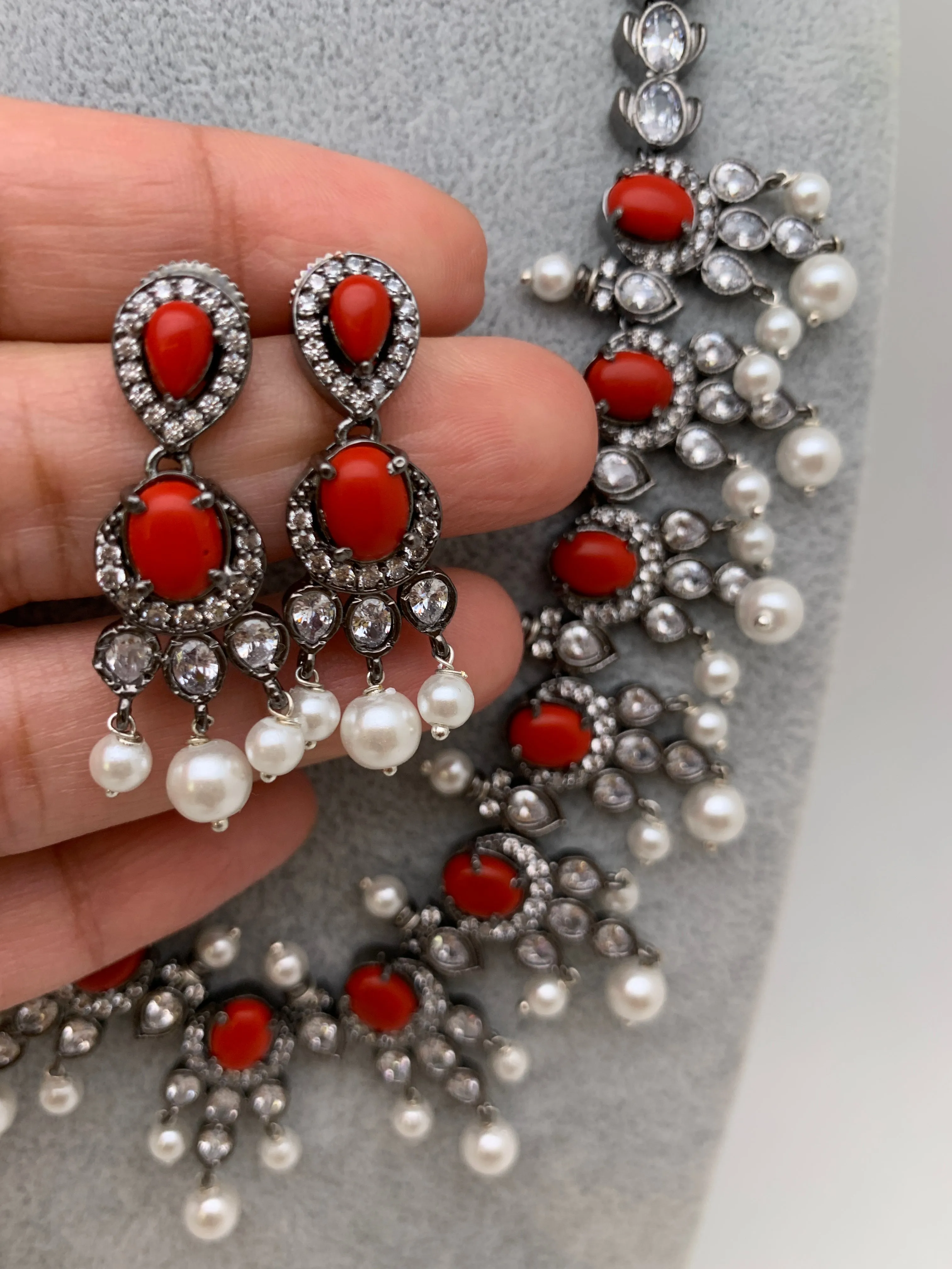 CZ Coral Pearls Victorian Finish Short Neckalce