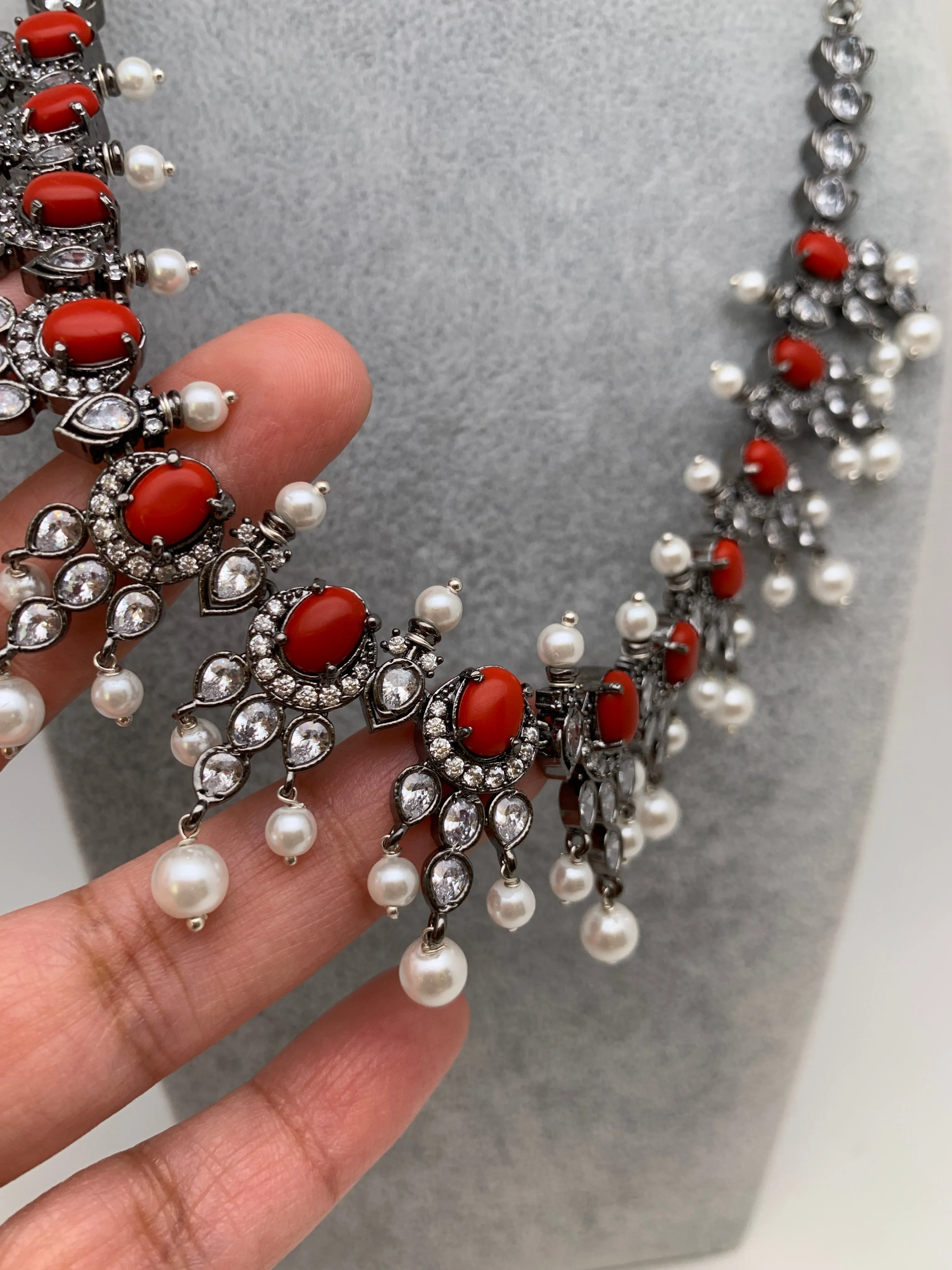 CZ Coral Pearls Victorian Finish Short Neckalce