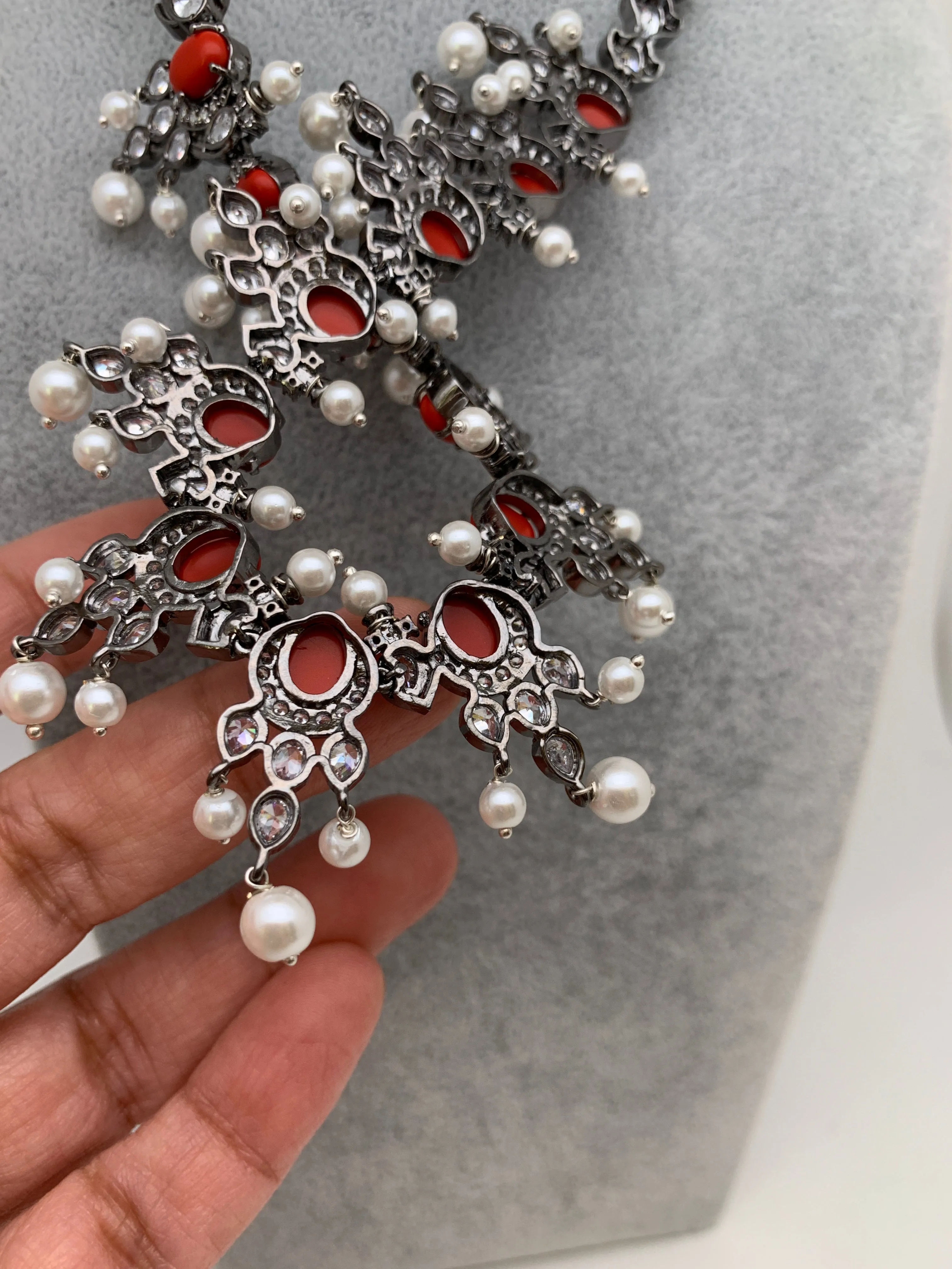 CZ Coral Pearls Victorian Finish Short Neckalce