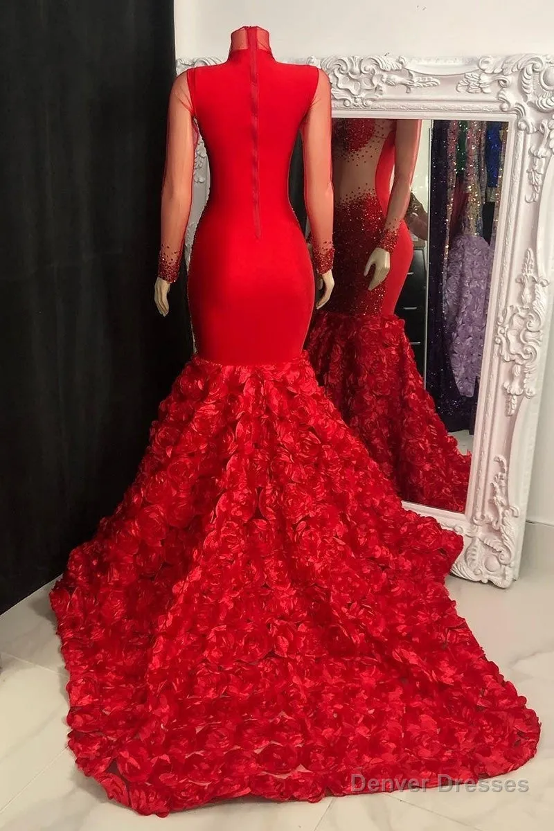 Glamorous High Neck Long Sleeves Prom Dresses Mermaid Flowers Bottom With Beads
