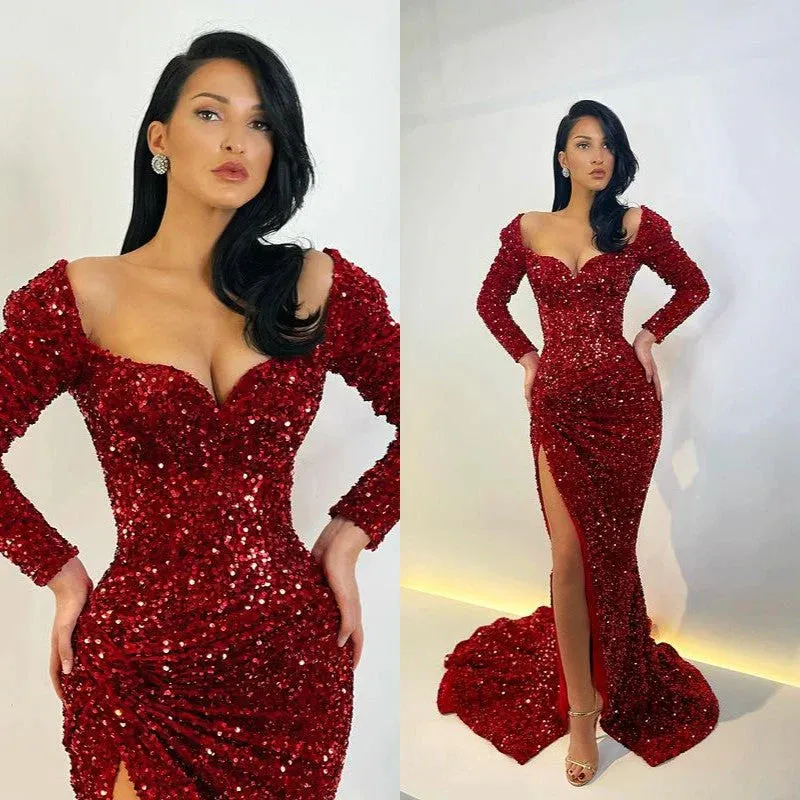 Glamorous Long Sleeves Sequins Mermaid Evening Gowns Split Prom Dress Sparkly Sexy