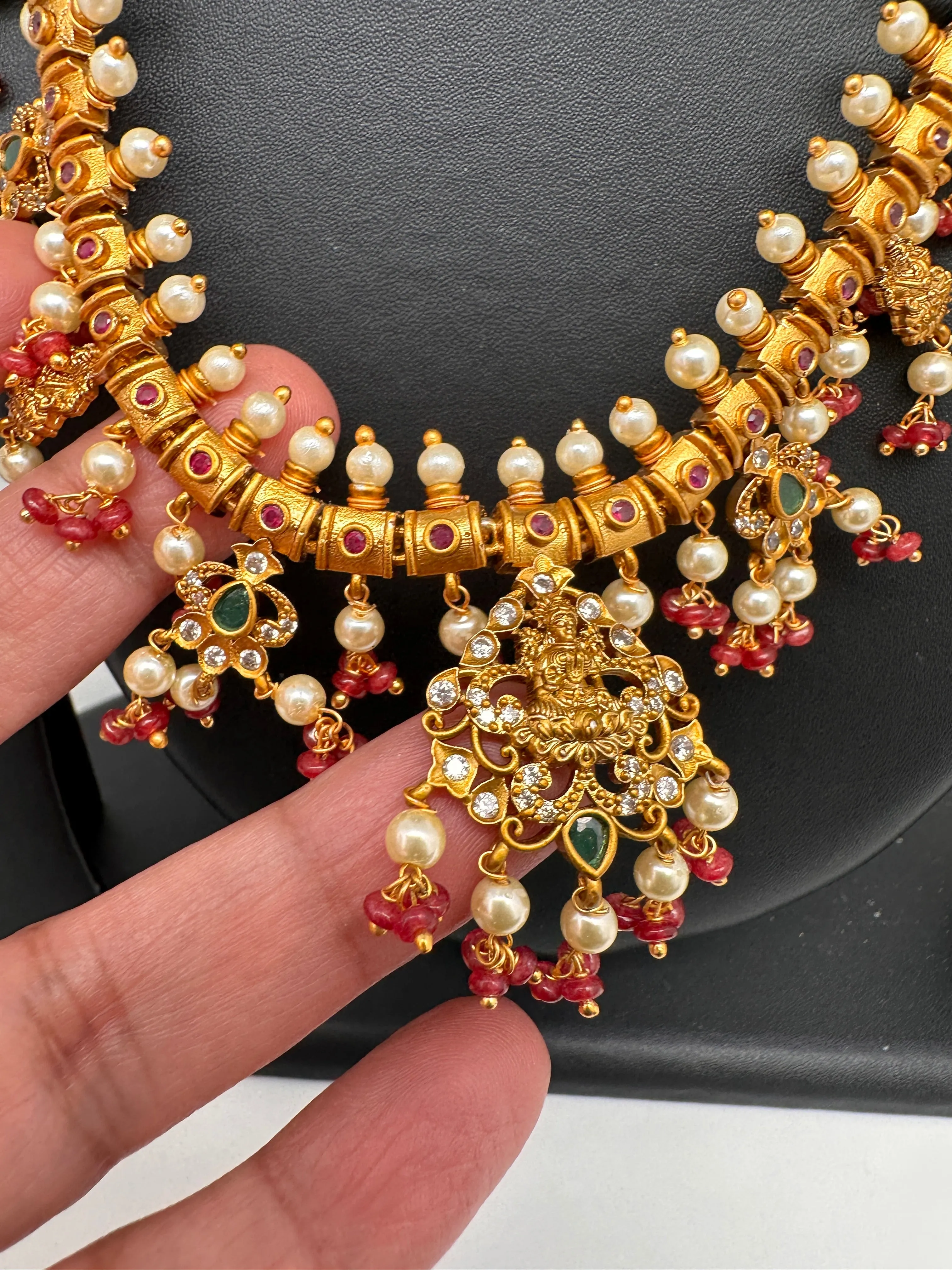 Goddess Lakshmi Red Coral Beads Red Green Stone CZ and Pearls Traditional Guttapusalu Necklace
