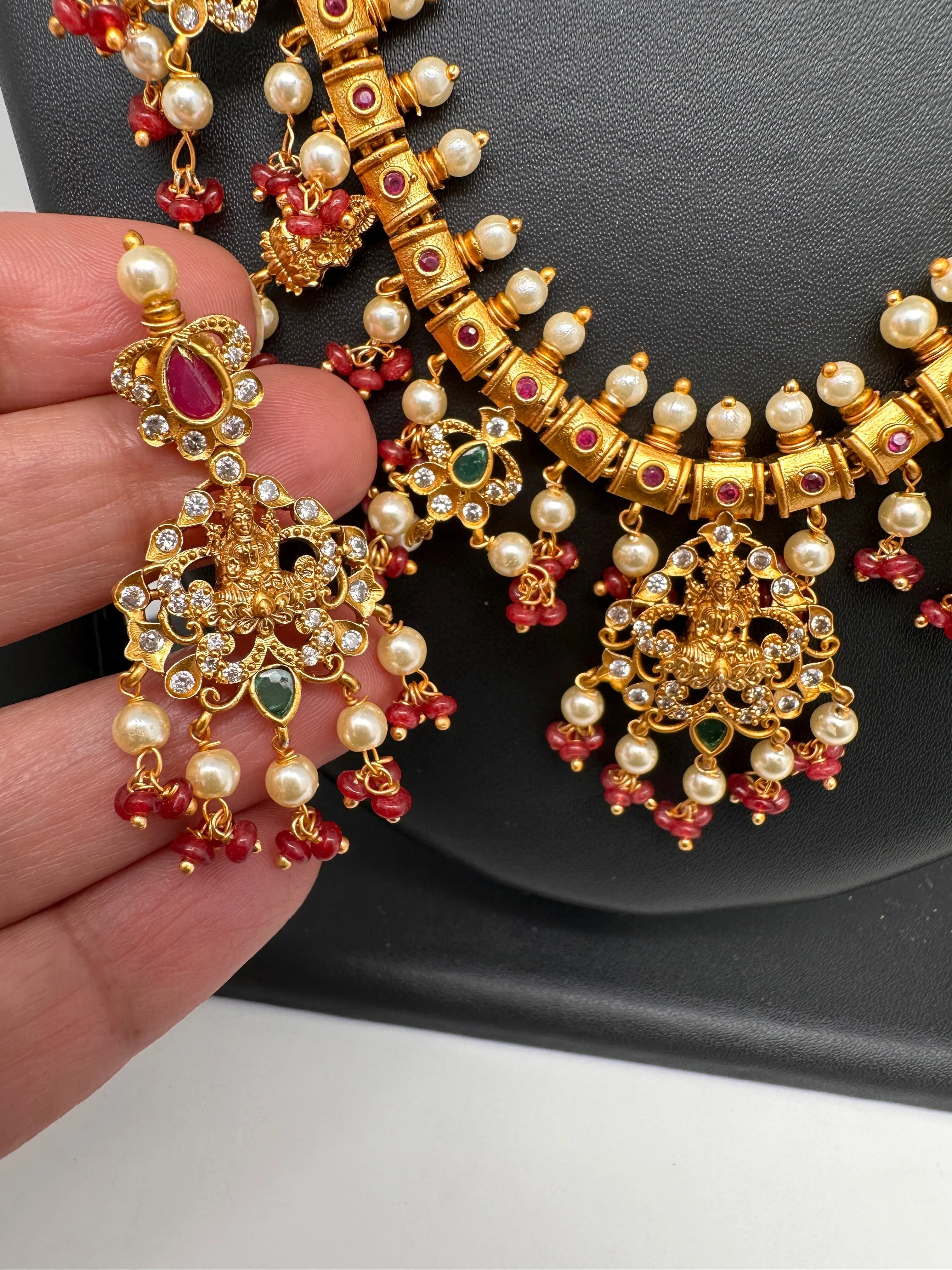 Goddess Lakshmi Red Coral Beads Red Green Stone CZ and Pearls Traditional Guttapusalu Necklace