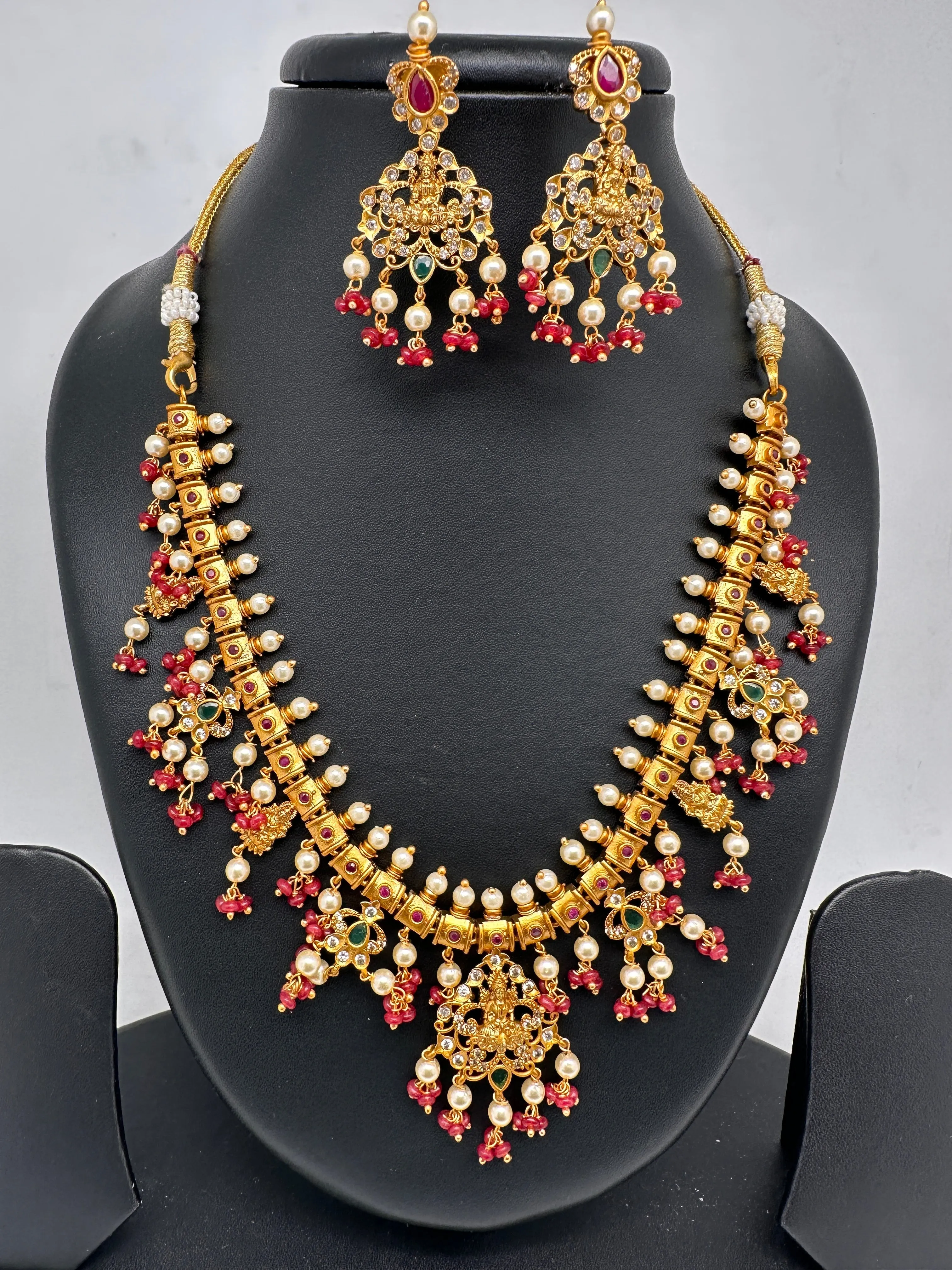Goddess Lakshmi Red Coral Beads Red Green Stone CZ and Pearls Traditional Guttapusalu Necklace
