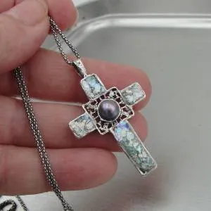 Hadar Jewelry Sterling Silver Pearl Roman Glass Cross Pendant