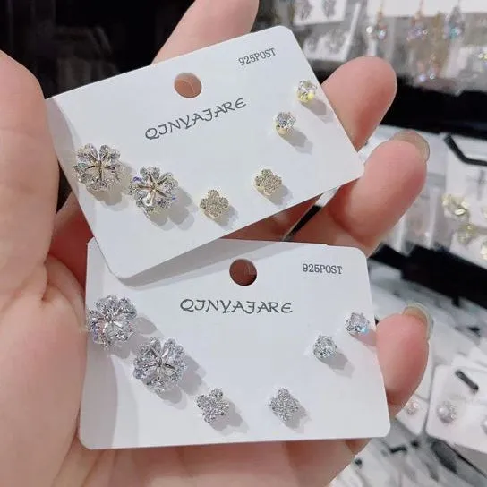 Korean Flower Cubic Zirconia Three Pair Earring