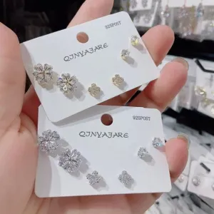 Korean Flower Cubic Zirconia Three Pair Earring
