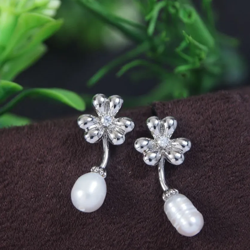 Korean Flower Pearl Drop Earring