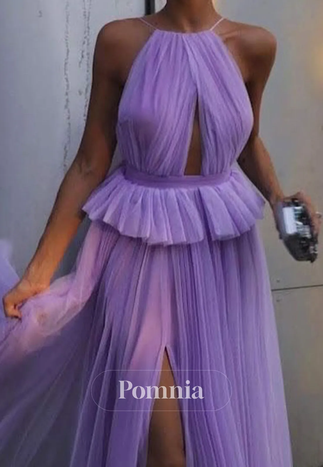 Lilac Halter Sleeveless Prom Dress with Slit Evening Party Dress