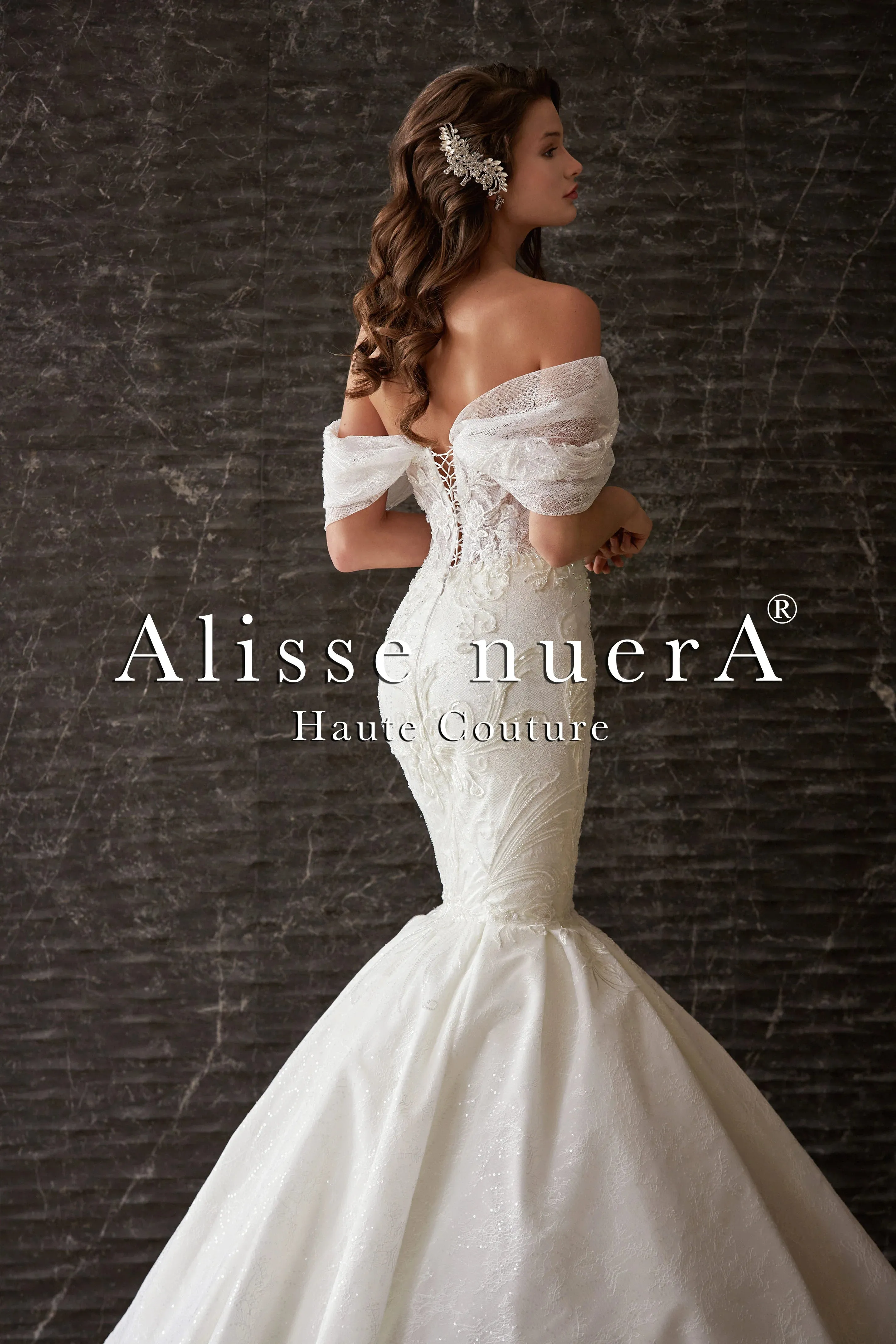 Open Shoulder Swag Sleeve Pleated Mermaid Wedding Dress