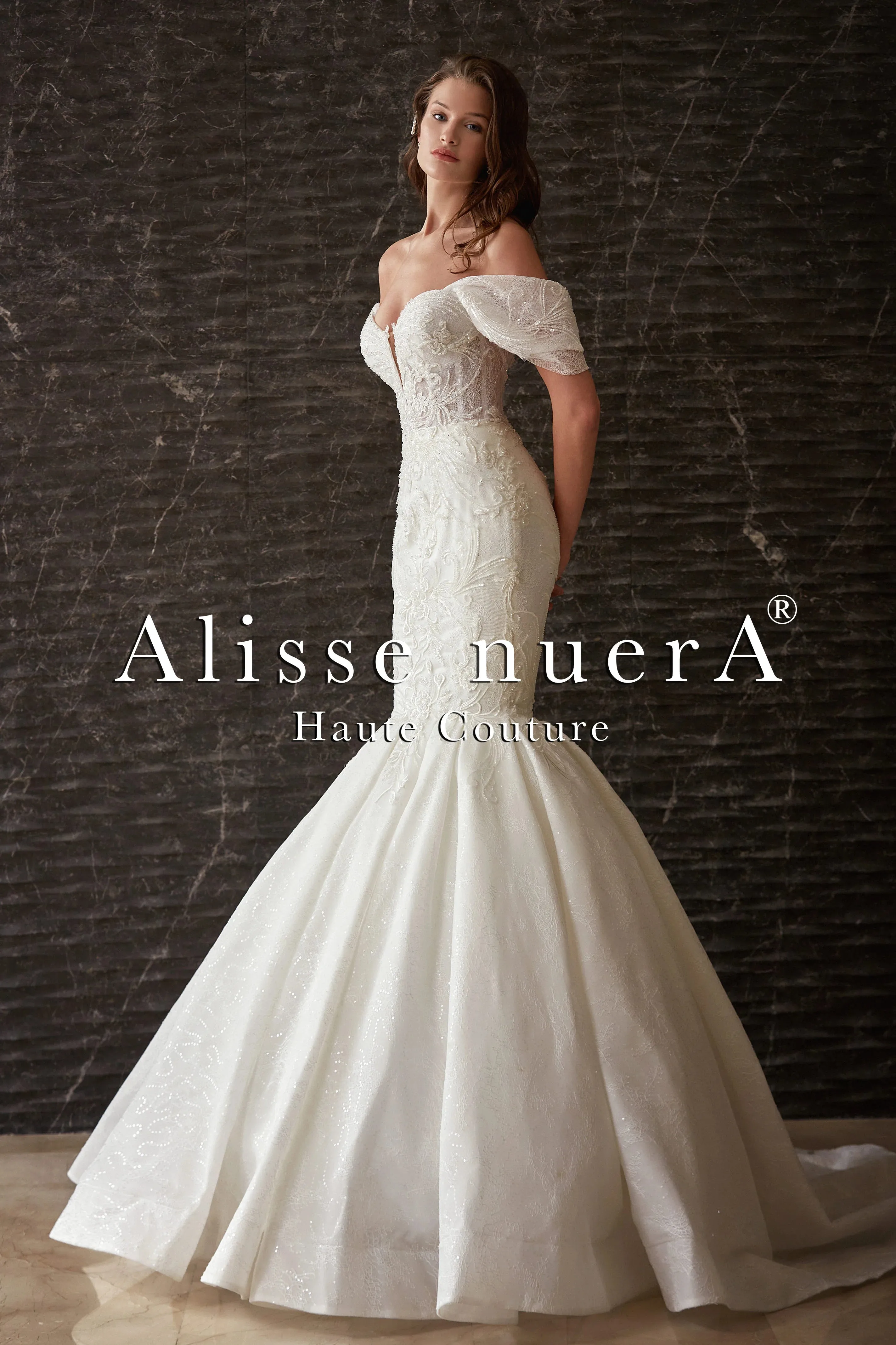 Open Shoulder Swag Sleeve Pleated Mermaid Wedding Dress