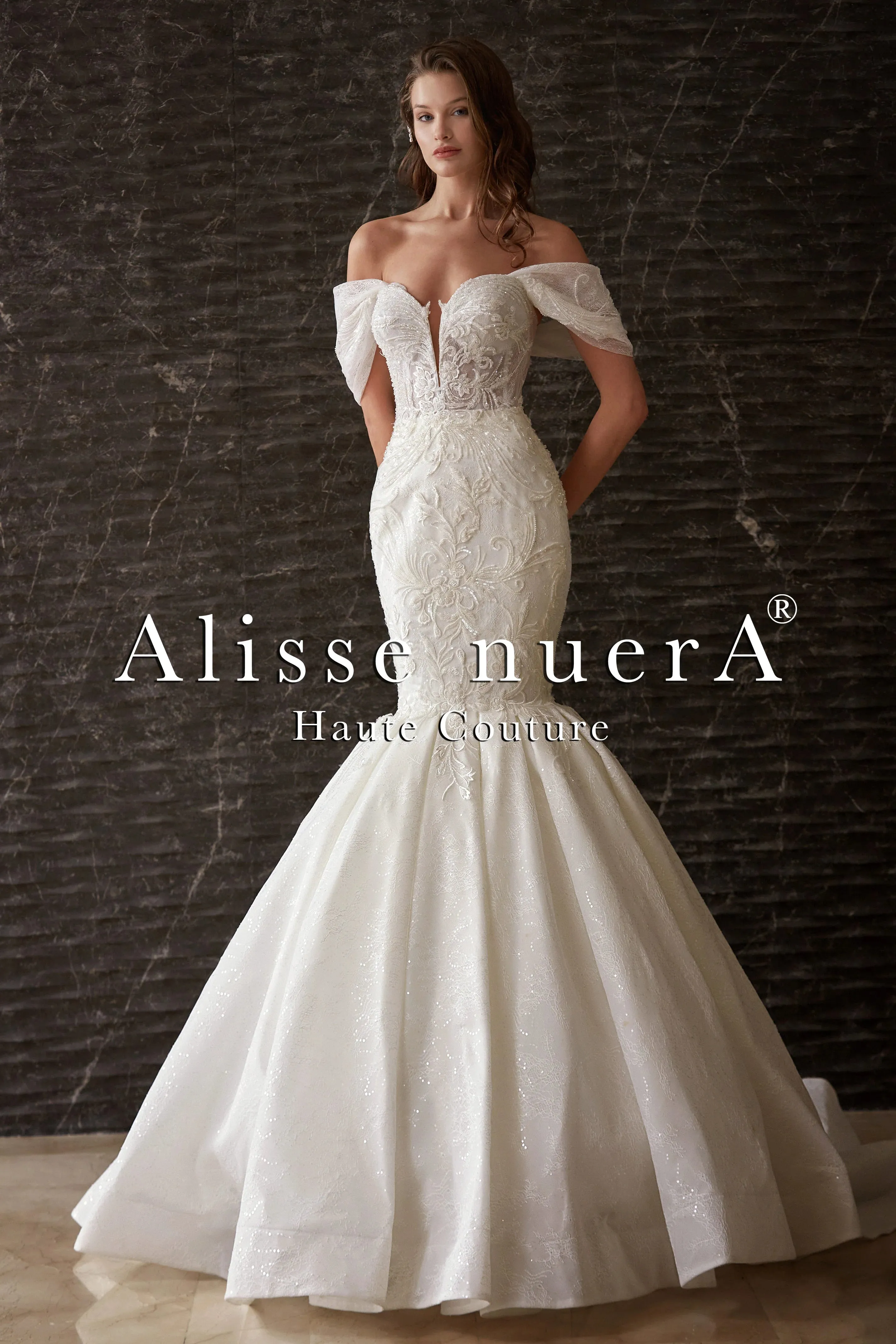 Open Shoulder Swag Sleeve Pleated Mermaid Wedding Dress