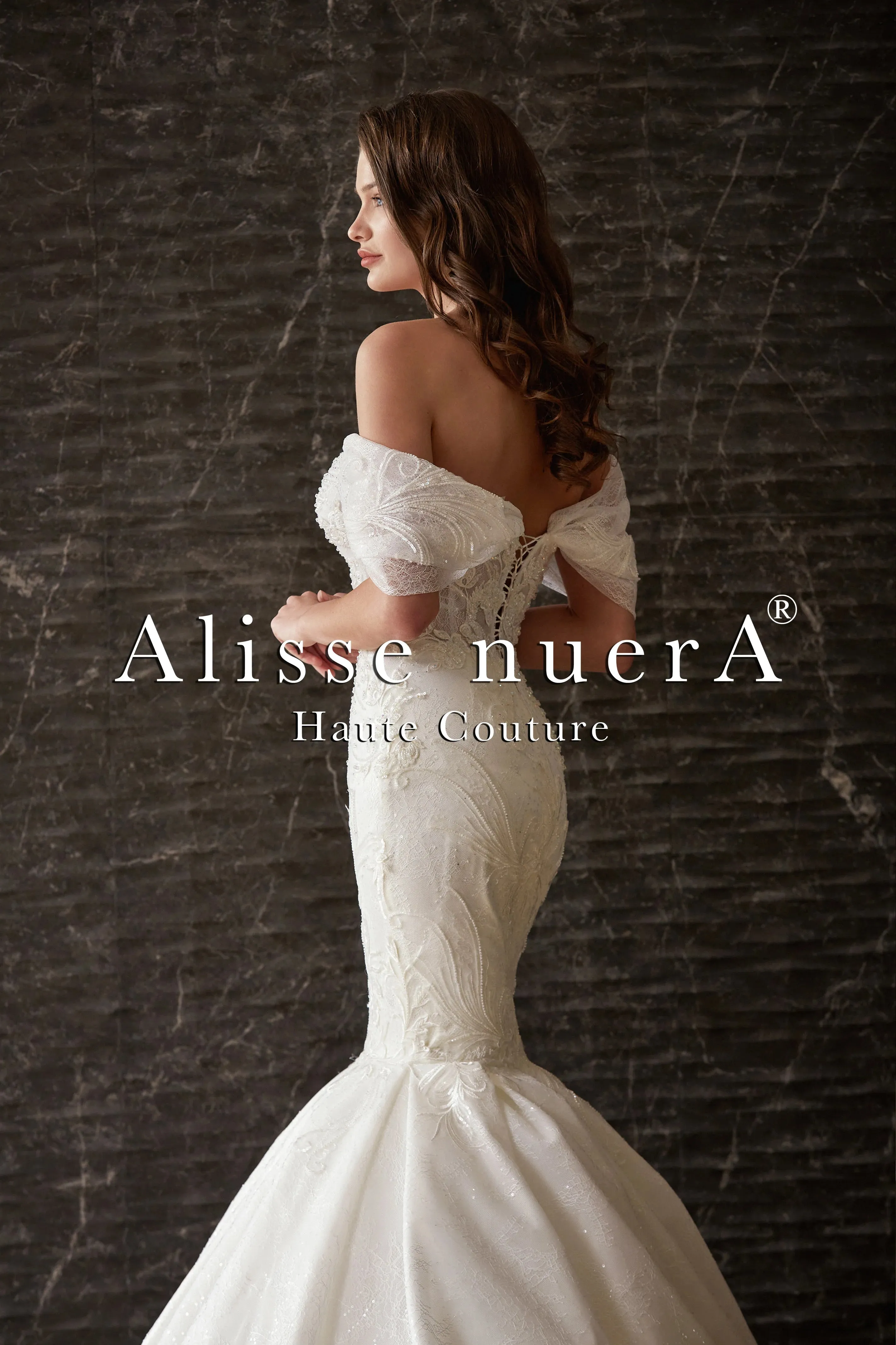 Open Shoulder Swag Sleeve Pleated Mermaid Wedding Dress