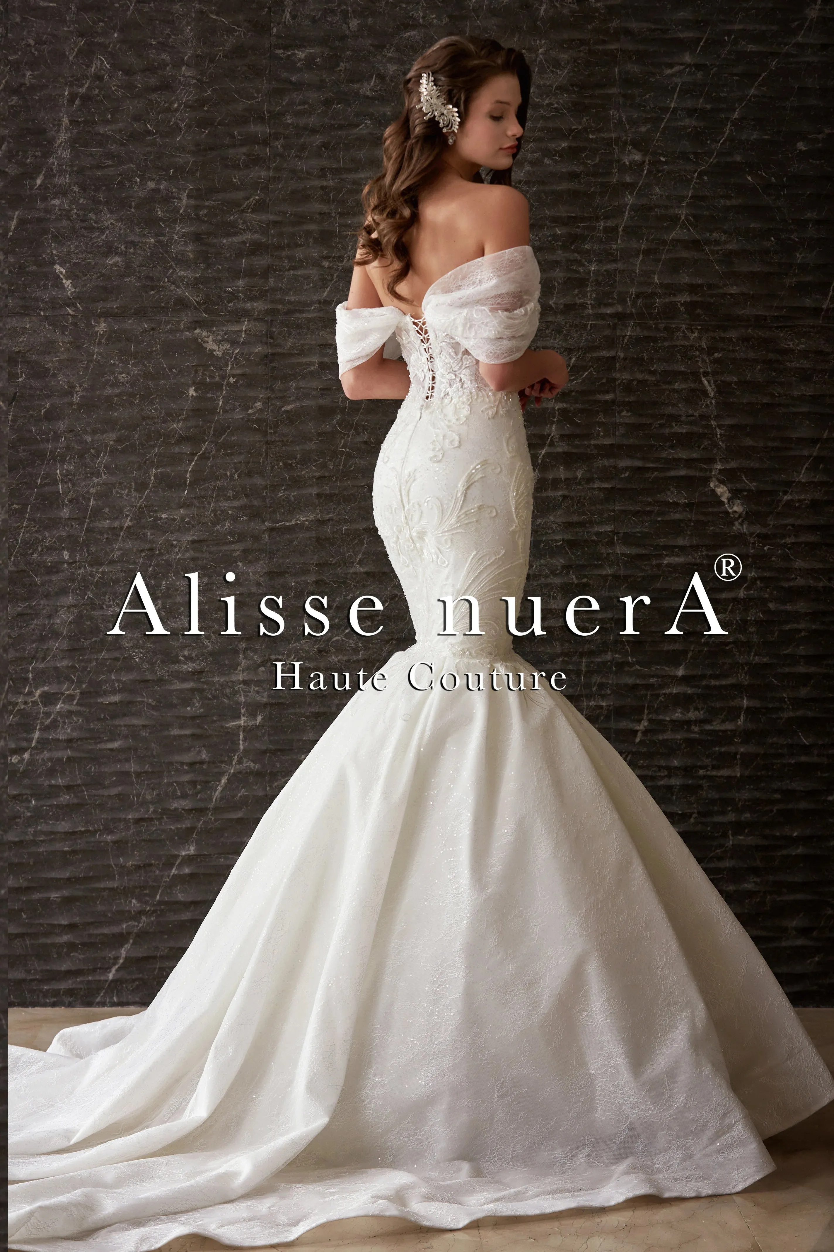 Open Shoulder Swag Sleeve Pleated Mermaid Wedding Dress