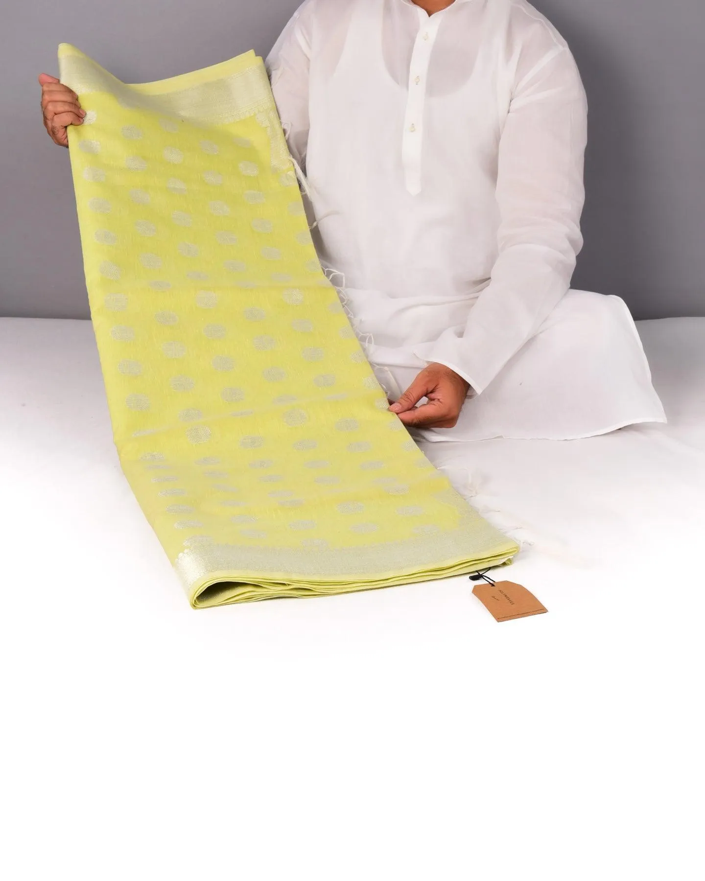 Pastel Green Banarasi Linen Texture Silver Buti Cutwork Brocade Woven Cotton Silk Saree