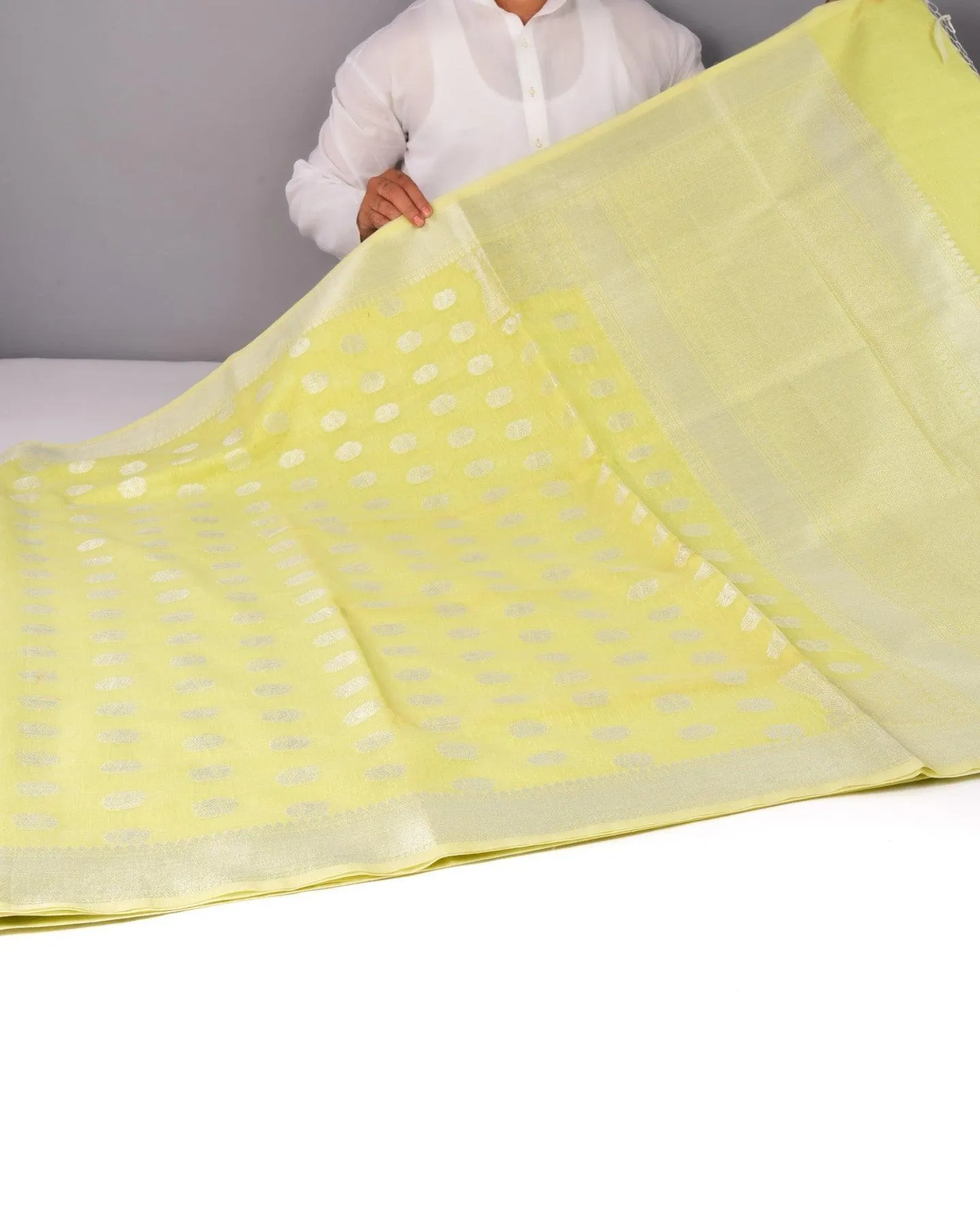 Pastel Green Banarasi Linen Texture Silver Buti Cutwork Brocade Woven Cotton Silk Saree
