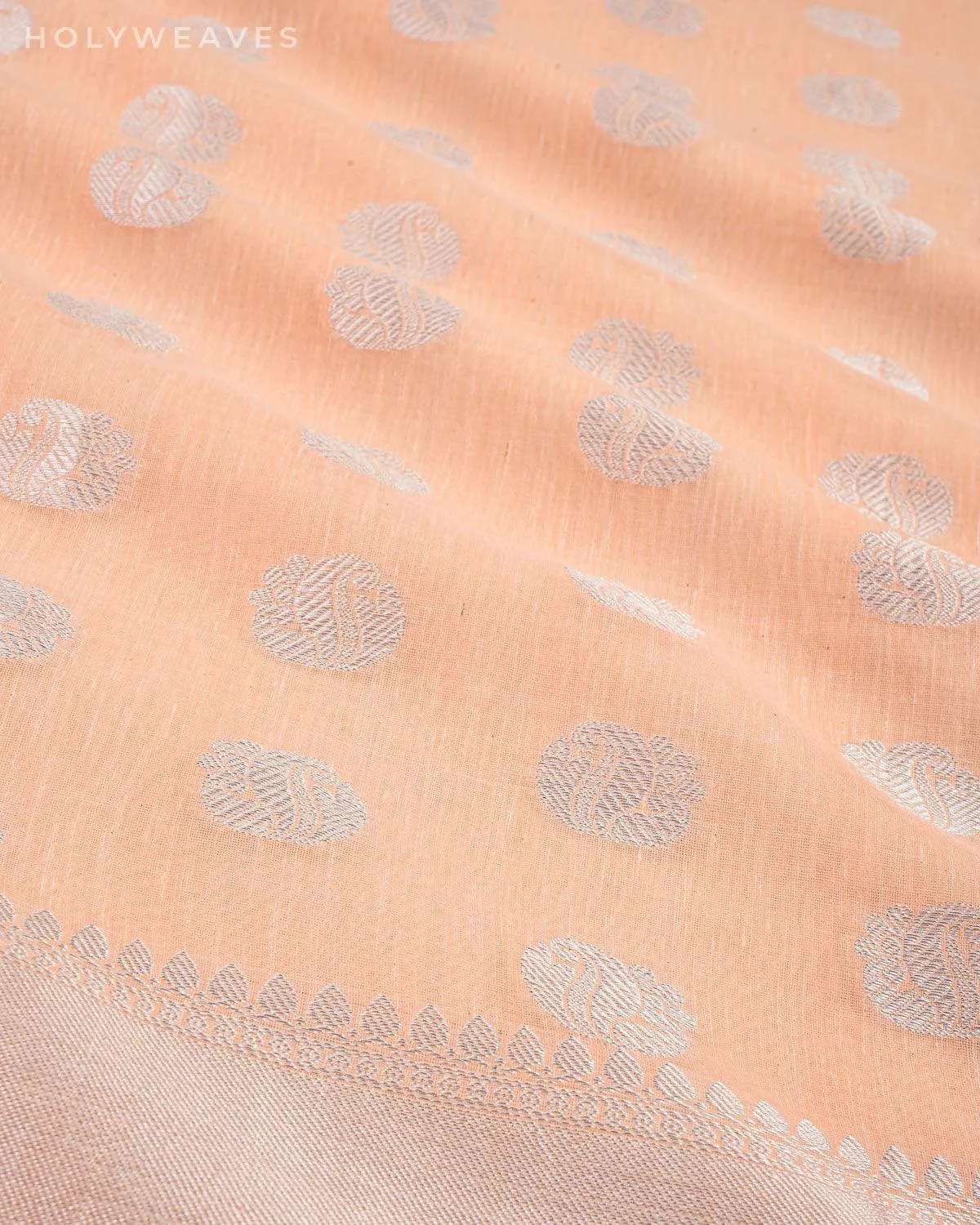 Pastel Peach Banarasi Linen Texture Silver Buti Cutwork Brocade Woven Cotton Silk Saree