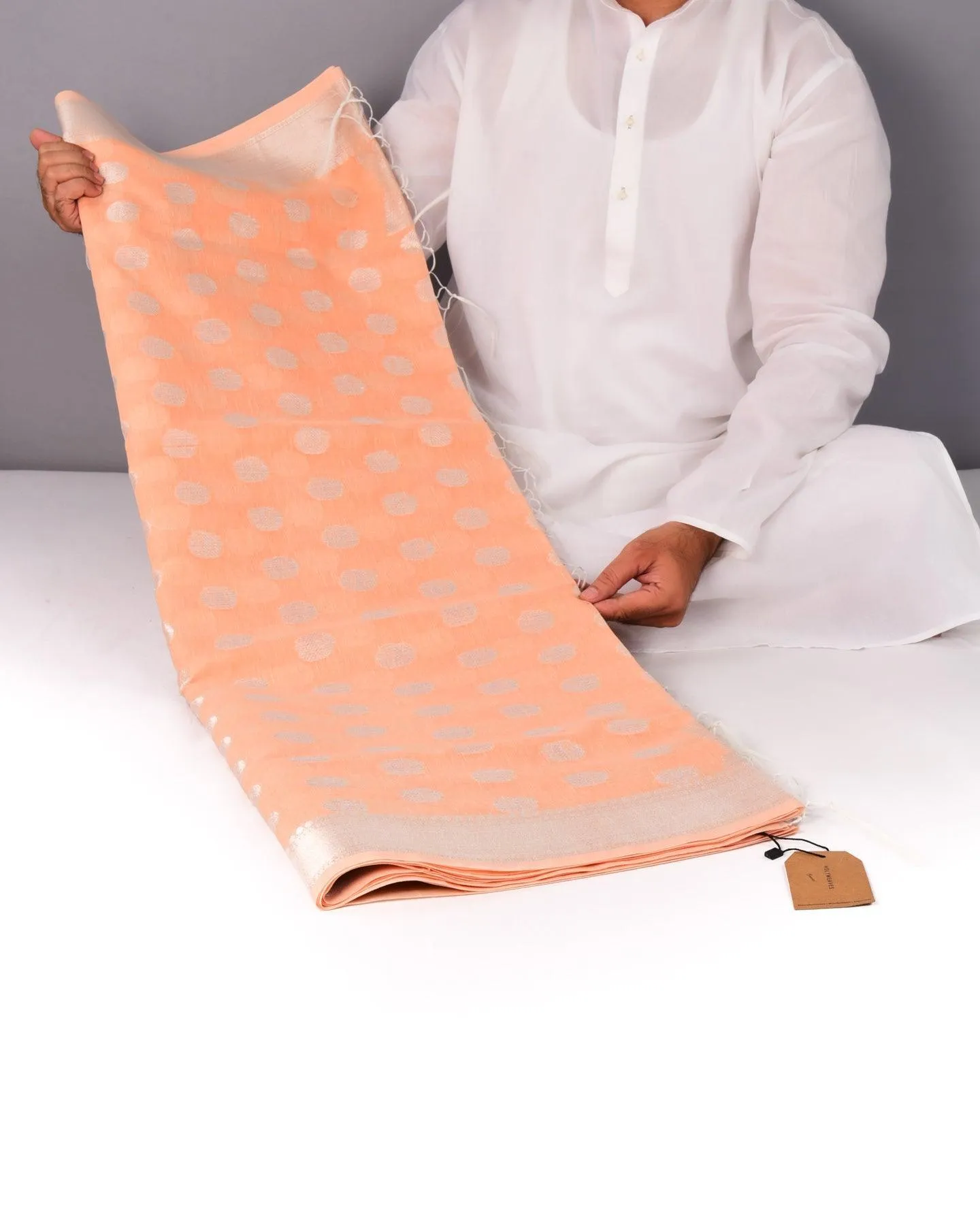 Pastel Peach Banarasi Linen Texture Silver Buti Cutwork Brocade Woven Cotton Silk Saree