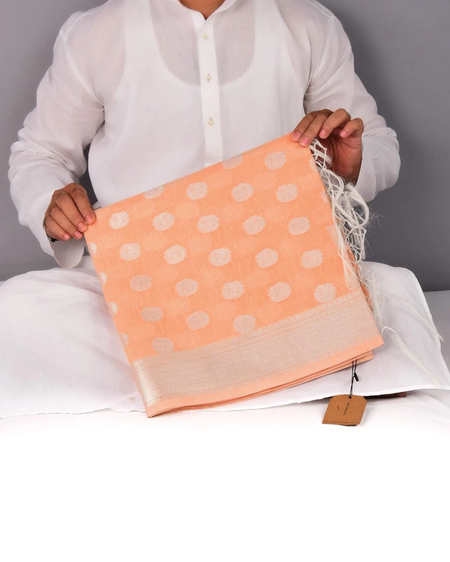 Pastel Peach Banarasi Linen Texture Silver Buti Cutwork Brocade Woven Cotton Silk Saree