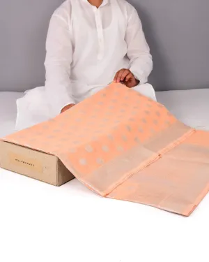 Pastel Peach Banarasi Linen Texture Silver Buti Cutwork Brocade Woven Cotton Silk Saree