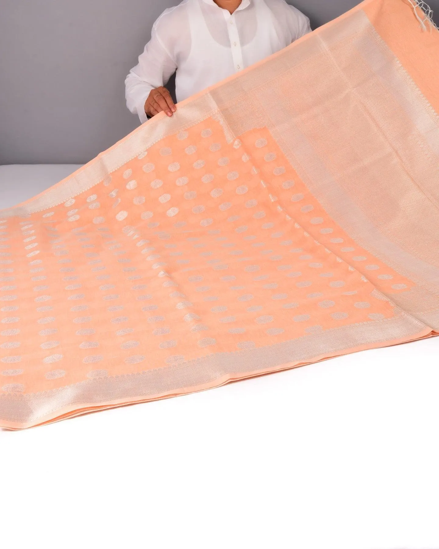Pastel Peach Banarasi Linen Texture Silver Buti Cutwork Brocade Woven Cotton Silk Saree