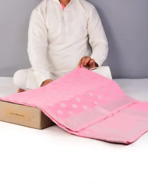 Pastel Pink Banarasi Linen Texture Silver Buti Cutwork Brocade Woven Cotton Silk Saree