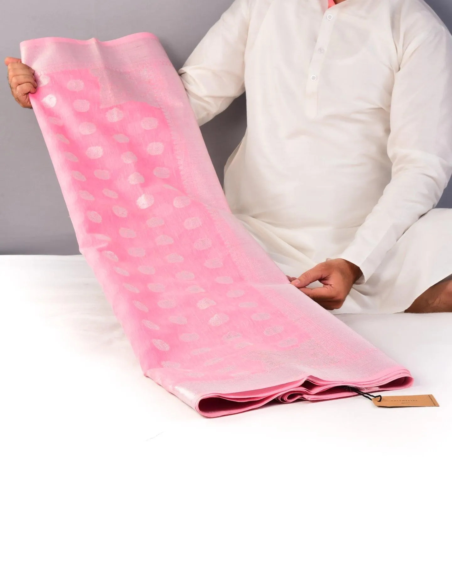 Pastel Pink Banarasi Linen Texture Silver Buti Cutwork Brocade Woven Cotton Silk Saree