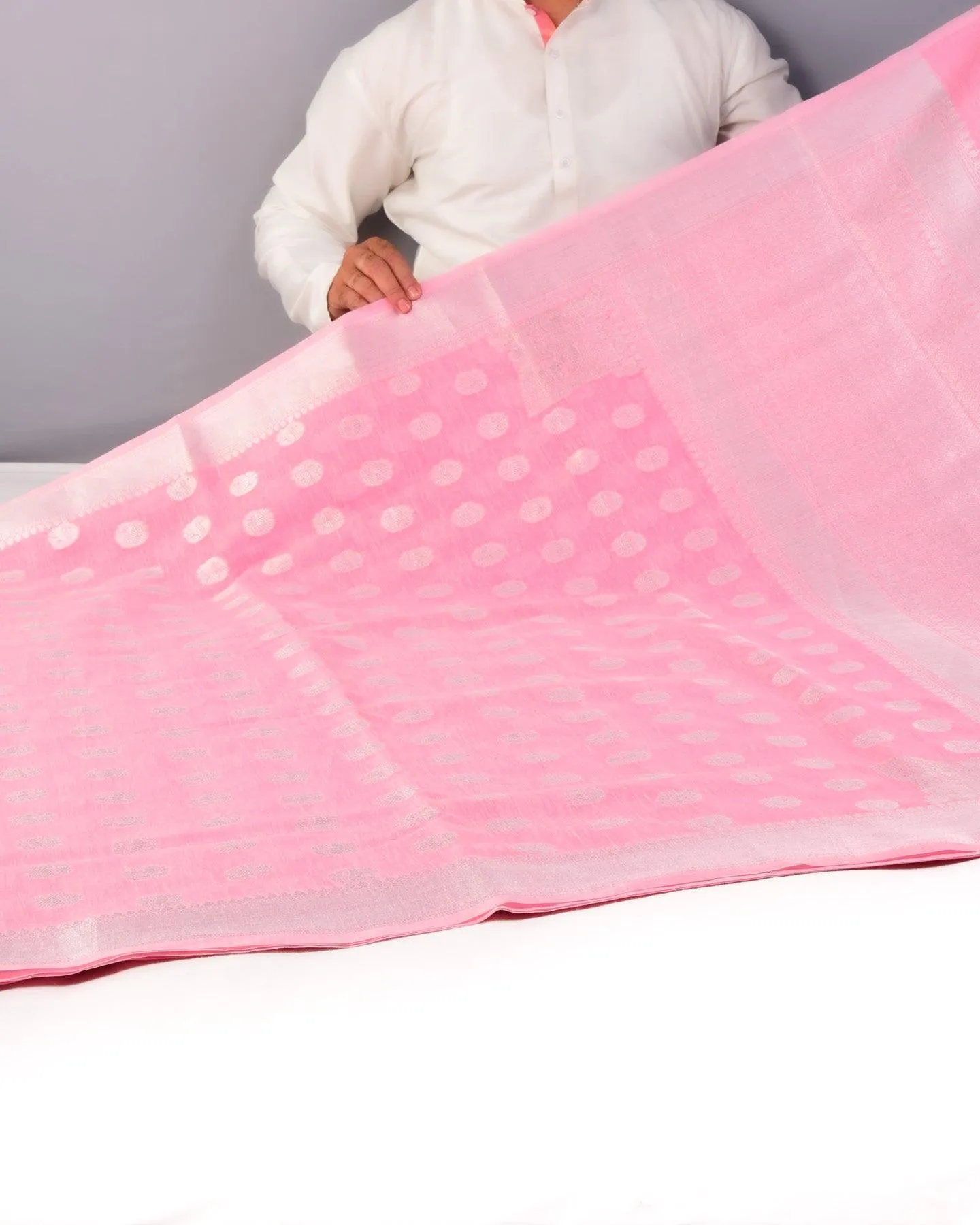 Pastel Pink Banarasi Linen Texture Silver Buti Cutwork Brocade Woven Cotton Silk Saree