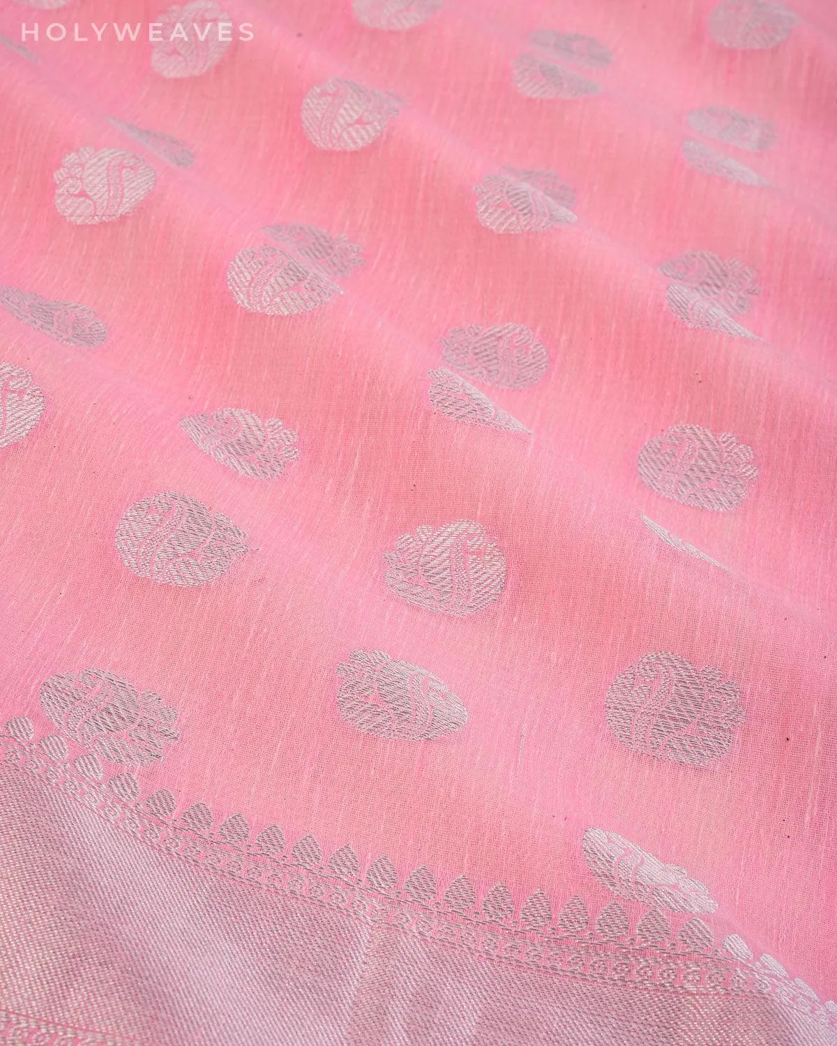 Pastel Pink Banarasi Linen Texture Silver Buti Cutwork Brocade Woven Cotton Silk Saree