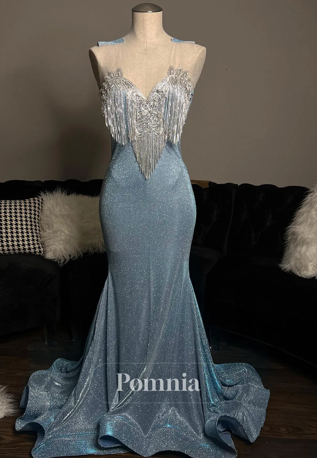 Sparkly Mist Spaghetti Straps V-Neck Mermaid Sequins Prom Dress