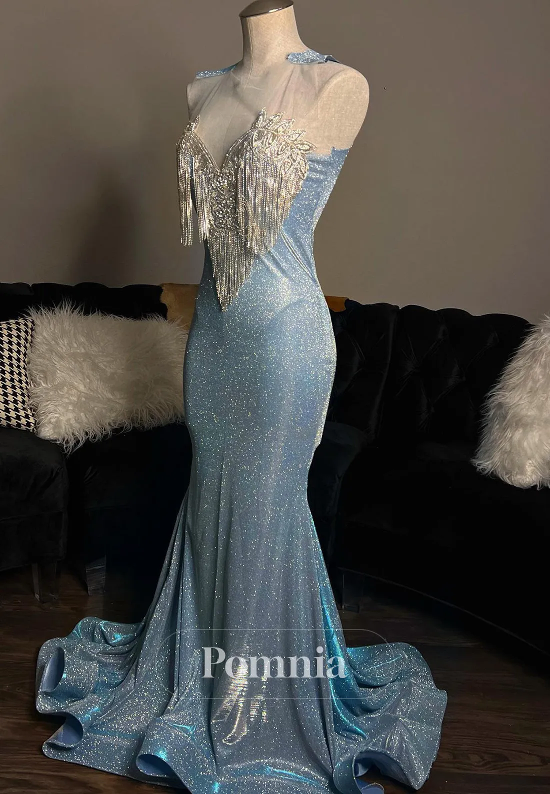 Sparkly Mist Spaghetti Straps V-Neck Mermaid Sequins Prom Dress
